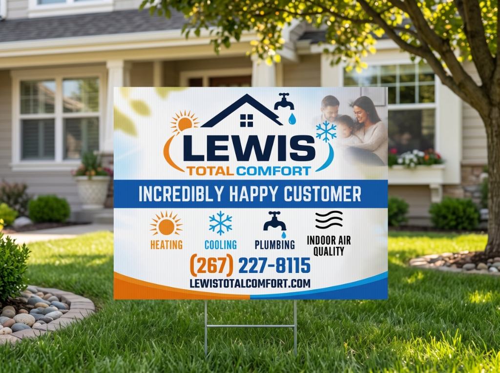 Lewis Total Comfort yard sign — 'Incredibly happy customer' — on a customer's front lawn